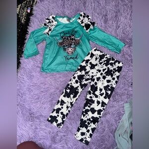 Teal Long Sleeve Top and Cow Print Pants Set